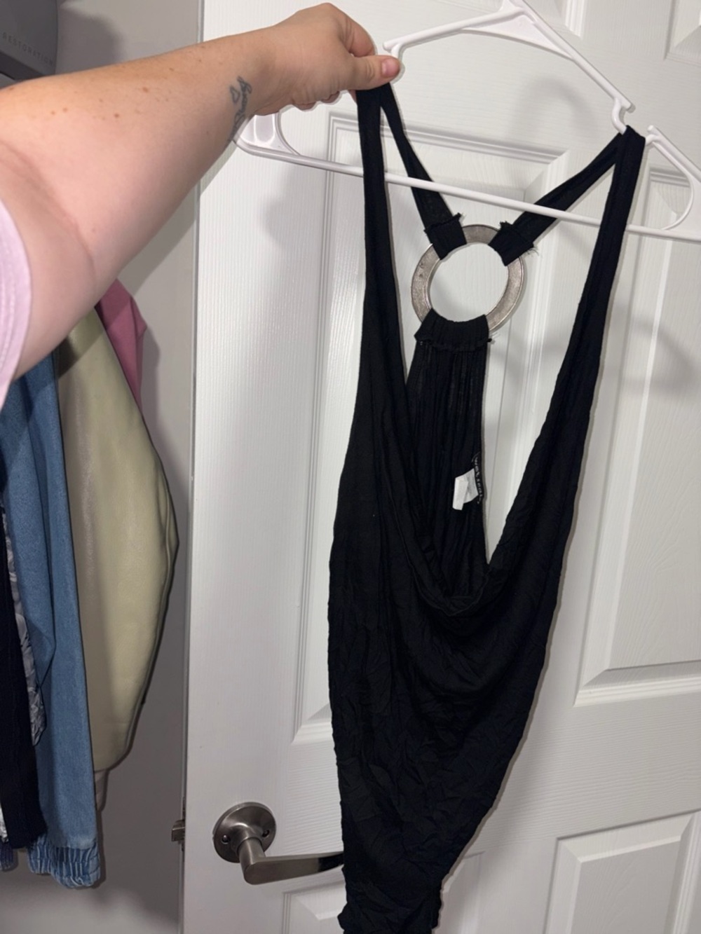 Wet Seal Black Drape Halter Tank with Decorative Silver Ring